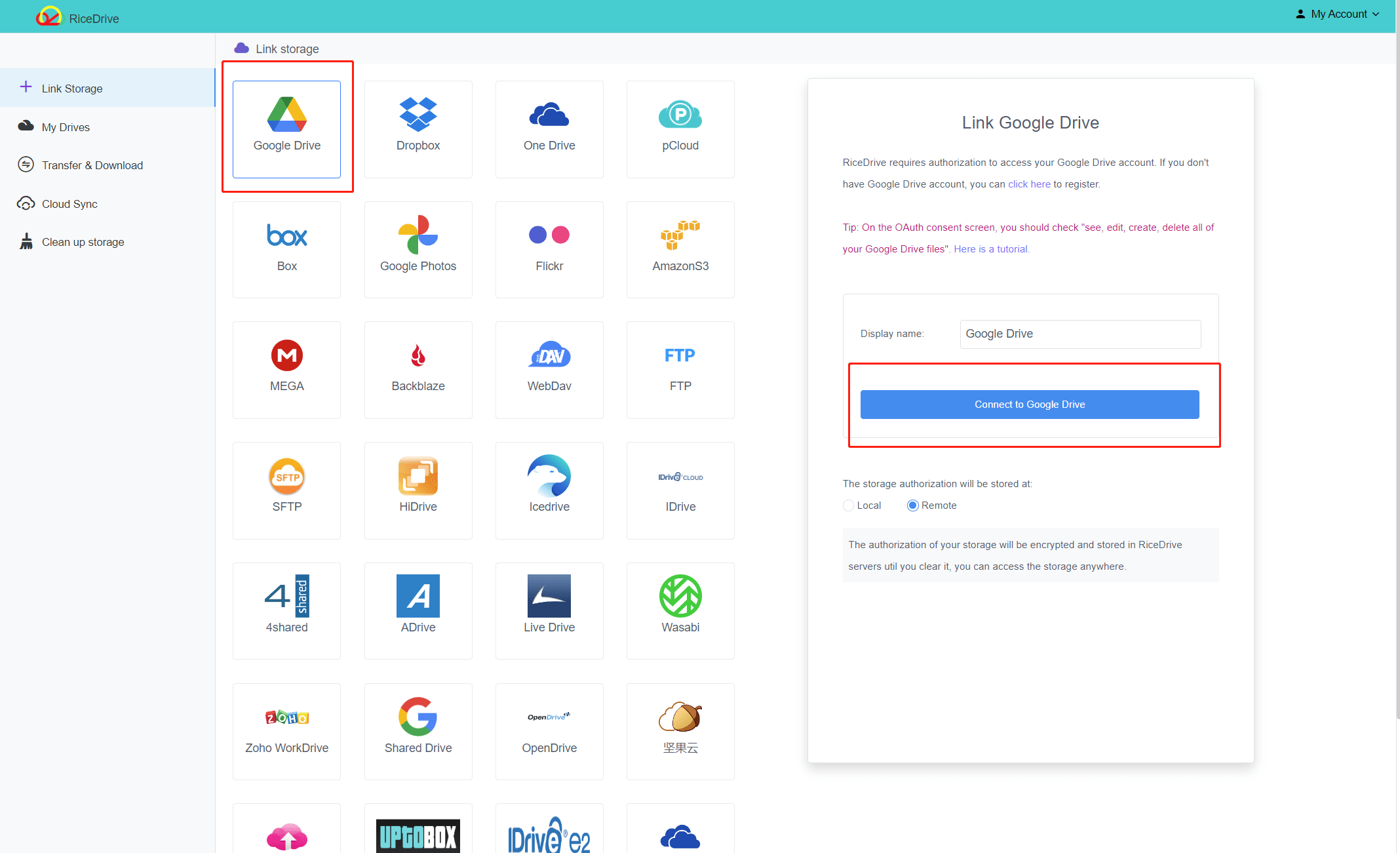 將 Google 雲端硬碟連結到 RiceDrive