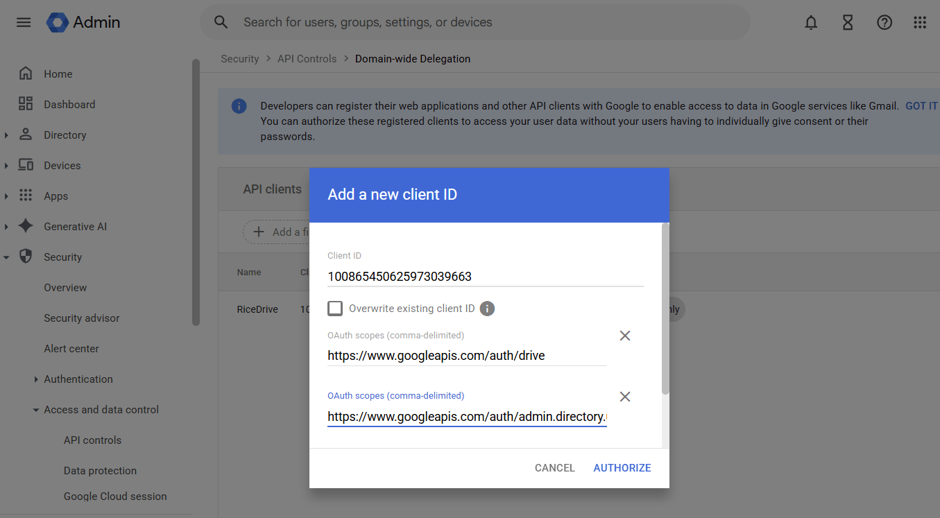 Add Google Workspace new client