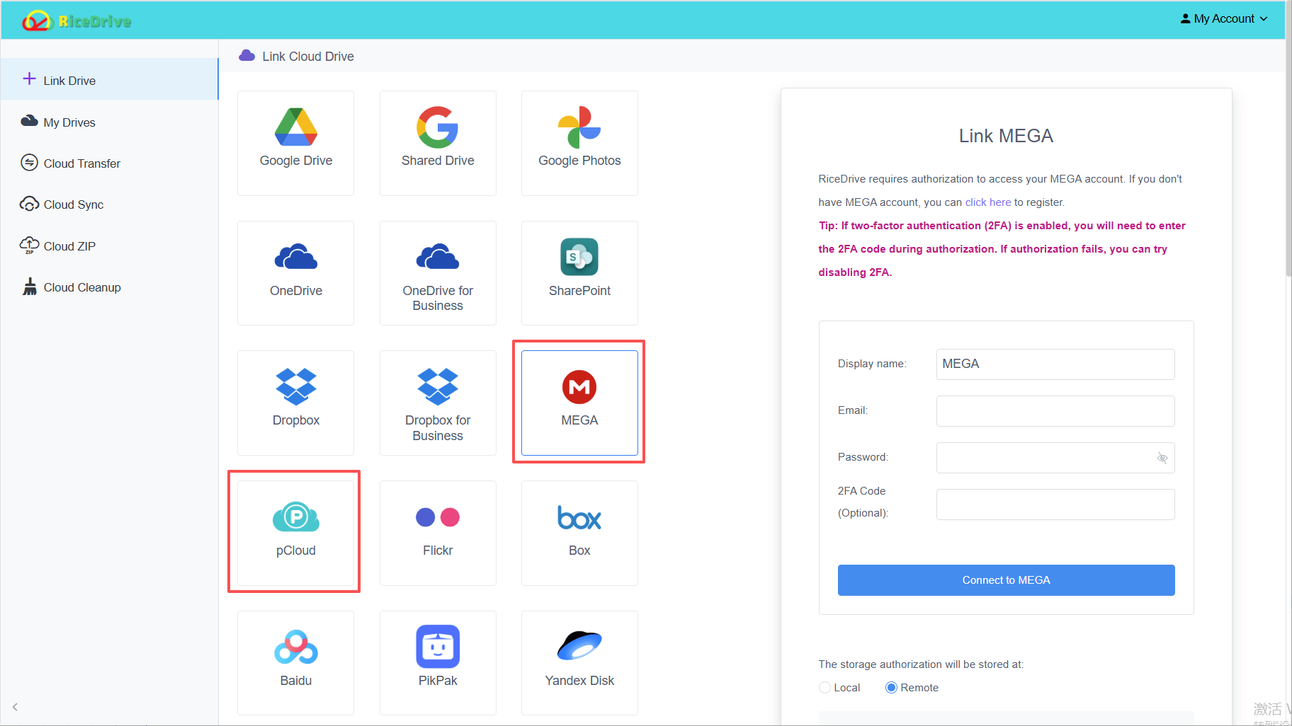 Connect pCloud and MEGA