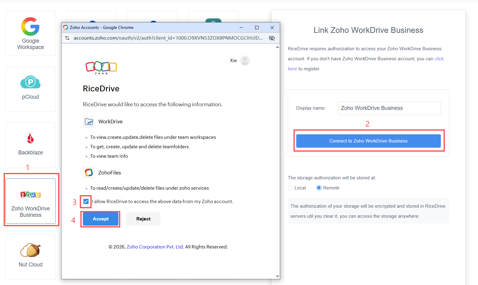 Connecting Zoho WorkDrive to RiceDrive