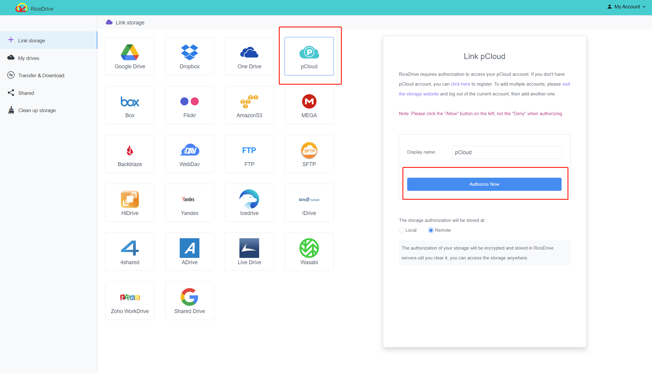 Connect Pcloud to RiceDrive