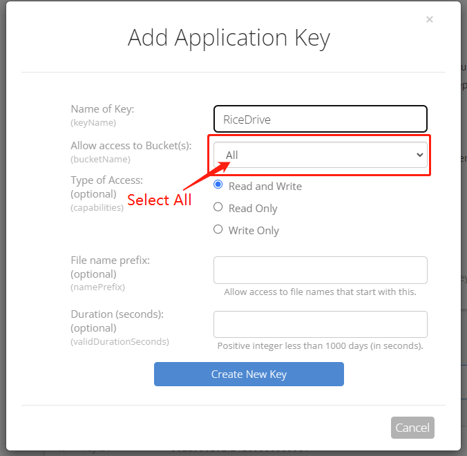 create Application Key In backblaze