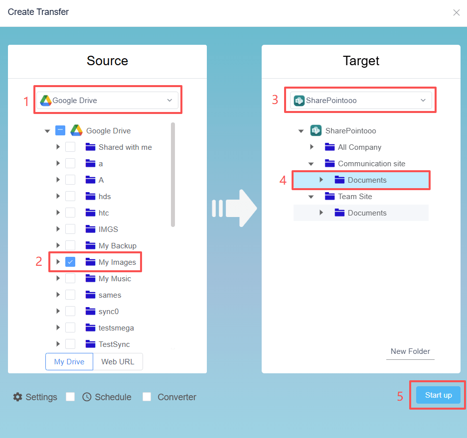 Creating a Google Drive to SharePoint transfer task