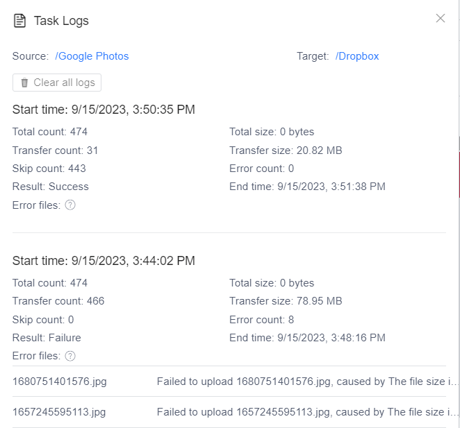 The logs for transferring Goolge Photos to Dropbox