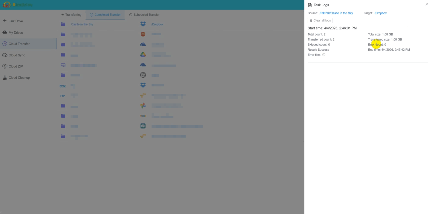 pikpak to dropbox task log