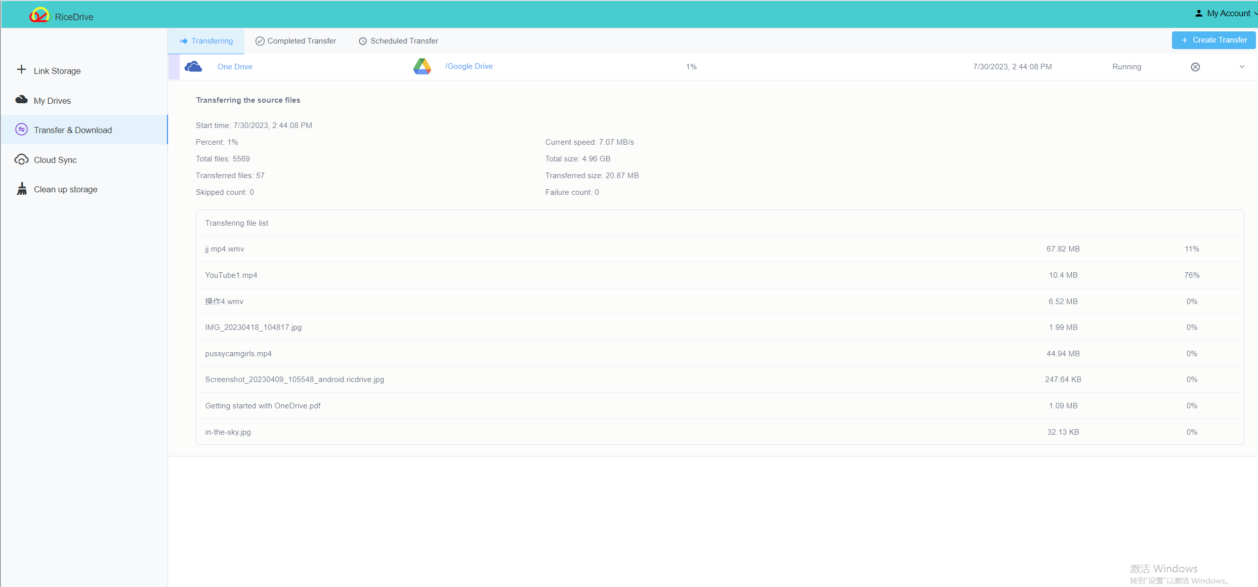 O progresso do OneDrive para o Google Drive