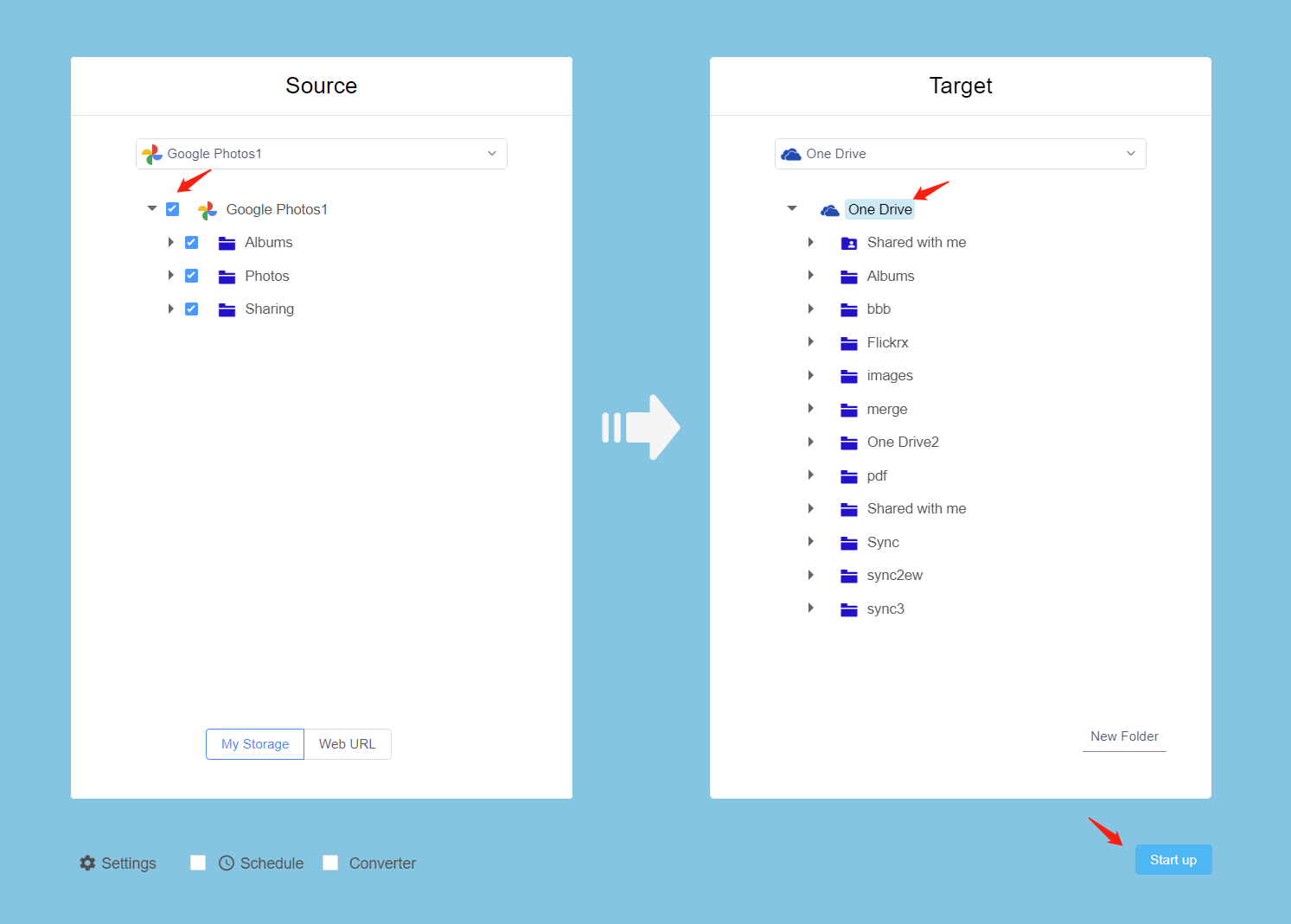 Criar transferência para Google Fotos e OneDrive