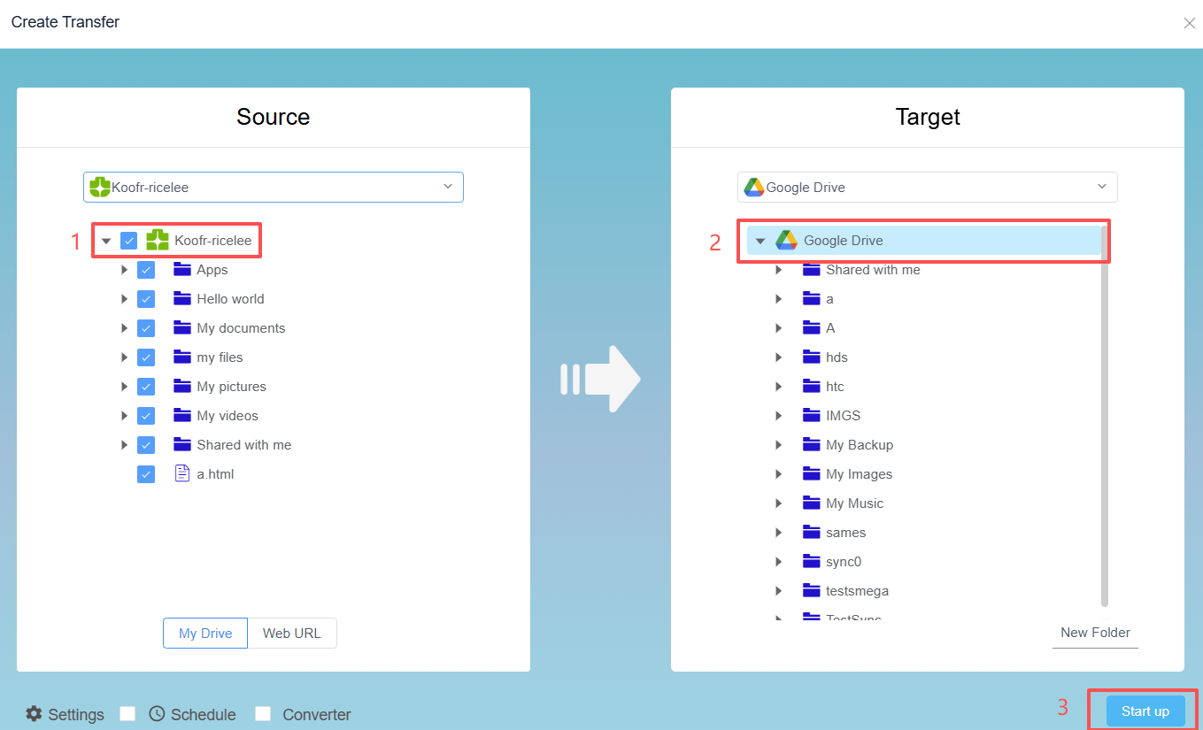 Transfer Koofr to Google Drive