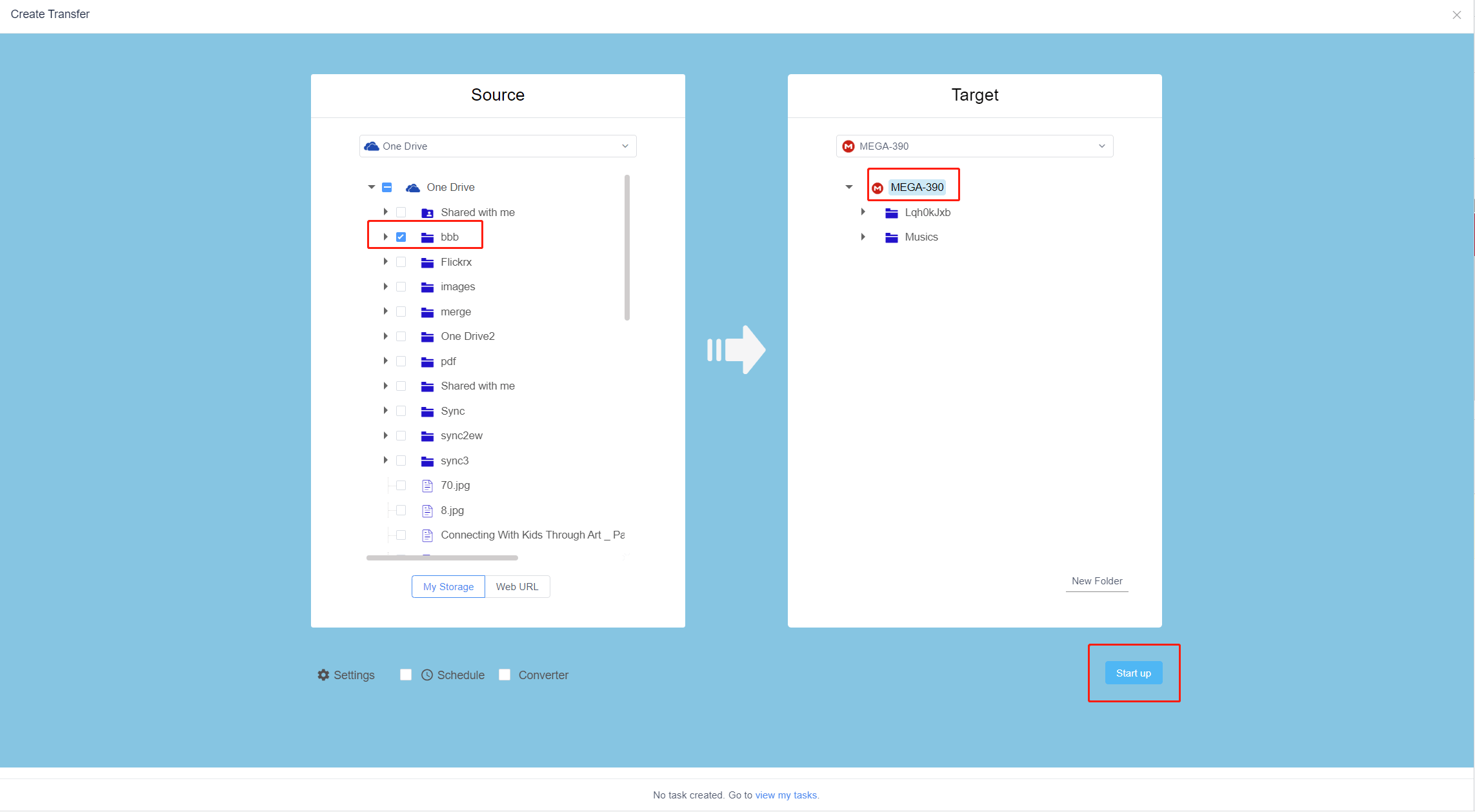 create transfer for onedrive to mega