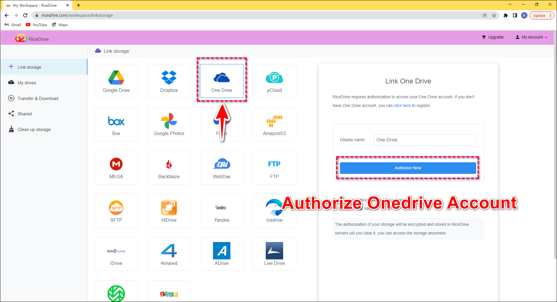 Authorize OneDrive account
