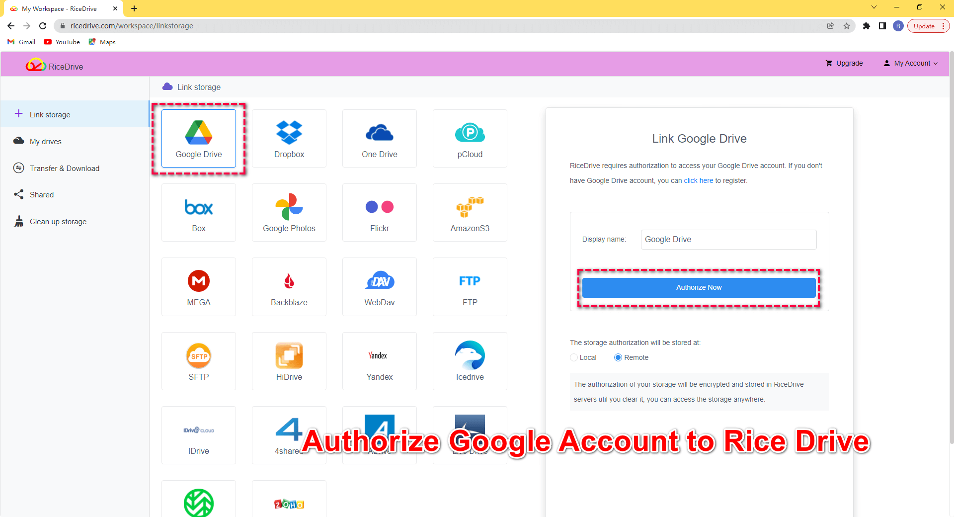 authorization Google account to RiceDrive