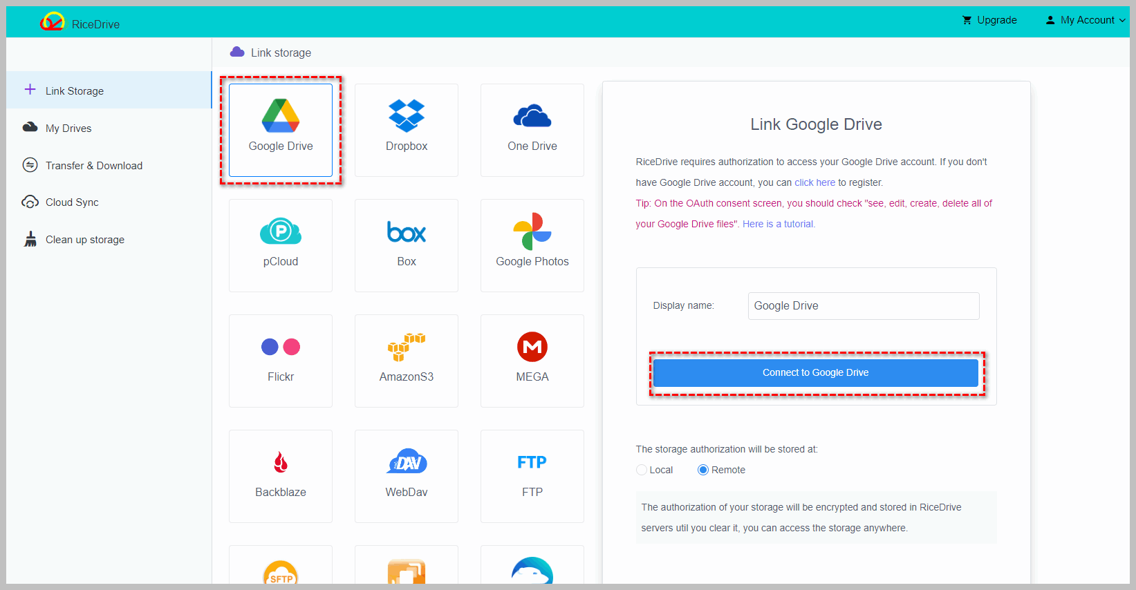 connect google drive to ricedrive 