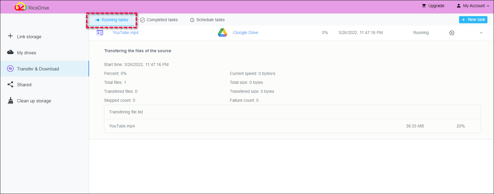 Task progress of download Video to Google Drive