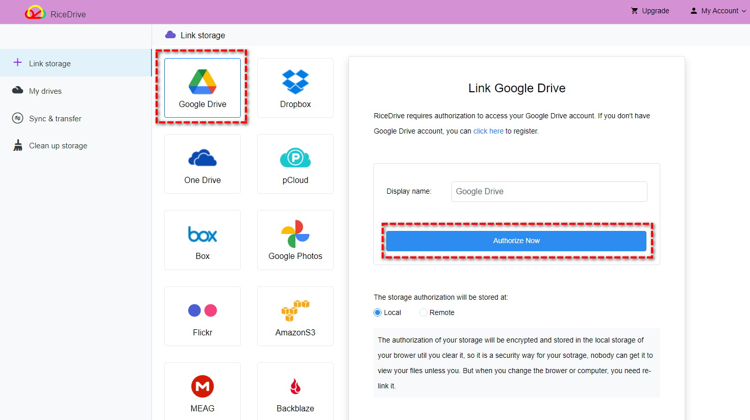 Authorize google drive in ricedrive