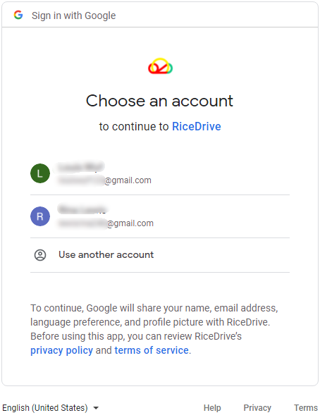 Authorize Google Account in RiceDrive